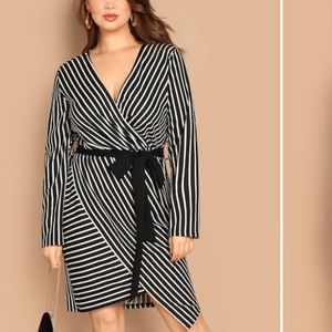 Striped Wrap Tie Waist V Neck Black White Dress